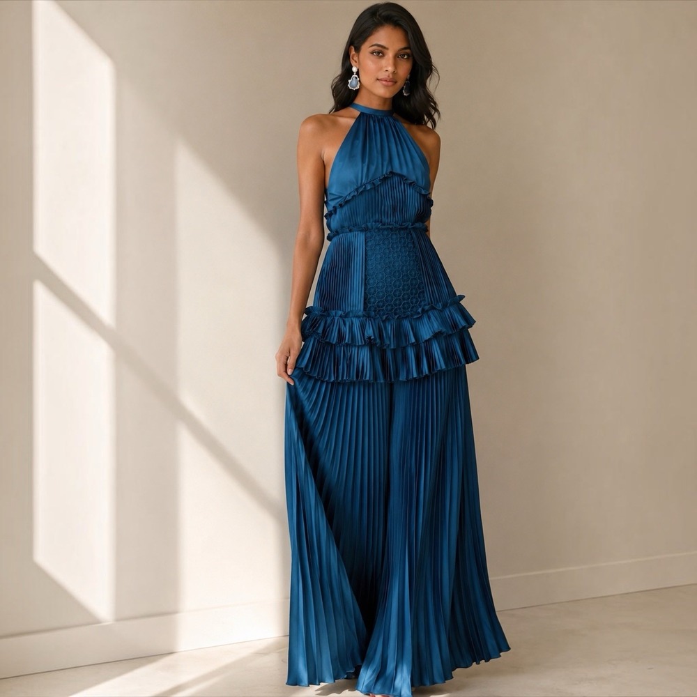 True Decadence Pleated Plisse Tiered Dusky Midnight Navy Maxi Dress UK 6 / US 2